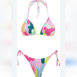 VOLAFA Women's Triangle Bikini String Swimsuit Print Tie Smocked. Size medium